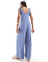 Фото #3 товара ASOS DESIGN cupro scoop neck wide leg jumpsuit with tie details in icy blue