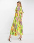 Фото #4 товара ASOS DESIGN angel cape sleeve pleated hem midi dress in yellow floral print