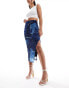 Edited mesh midi skirt in denim patchwork print