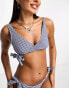 Playful Promises wrap front bikini top in navy gingham