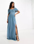 Little Mistress Bridesmaids bardot gathered maxi dress in mesh in blue