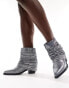 Glamorous ruched western ankle boots in denim shimmer