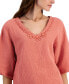 Фото #3 товара Women's Cotton Gauze Beaded V-Neck Top, Created for Macy's