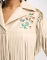 Фото #6 товара Miss Selfridge fringe embroidered longline faux leather jacket in stone