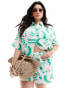 Фото #5 товара Yours shirred linen look shorts in green print co-ord