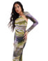 Фото #3 товара ASOS DESIGN mesh wrap around one shoulder midi dress with gauged skirt in abstract swirl print