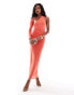 Фото #1 товара ASOS DESIGN mesh wrap around one shoulder midi dress with gauged skirt in coral