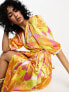 Фото #3 товара Vila textured satin wrap midi dress in orange abstract print