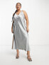 ASOS DESIGN Curve elasticated back satin slip midi dress in grey and mocha colourblock