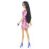 BARBIE Fashionistas With Long Black Hair & Floral Dress With Puffed Sleeves Strappy Purple Heels Butterfly Ring Doll