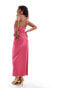 ASOS DESIGN Petite halter ruched midi dress with central cut out detail in hot pink