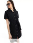 Фото #1 товара Pieces Tall tie waist linen mini shirt dress in black