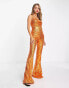 ASOS DESIGN sequin cowl neck flare leg jumpsuit in orange Оранжевый, 32 - фото #4