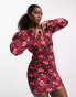 Фото #2 товара Urban Revivo ruched puff sleeve mini dress in rose print multi