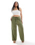 ASOS DESIGN Curve tie belt wide leg trouser in khaki