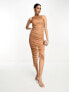 Фото #7 товара ASOS DESIGN high neck ruched asymmetric bodycon midi dress in camel brown