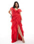 Фото #1 товара ASOS DESIGN Curve exclusive flutter sleeve wrap maxi dress with ruffle detail in red