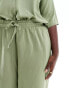 Vila Curve linen touch tie waist wide leg trousers co-ord in green