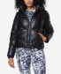 ფოტო #3 პროდუქტის Women's Faux Leather Hooded Puffer Jacket