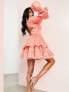 ASOS LUXE structured mini dress in embroidered organza with tiered sleeve in peach