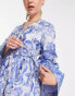 Фото #6 товара Pieces Premium kimono sleeve wrap mini dress in blue jacquard