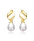 ფოტო #2 პროდუქტის Sterling Silver 14k Yellow Gold Plated with Oval White Freshwater Pearl Seashell Design Double Dangle Earrings