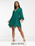 Фото #1 товара ASOS DESIGN Petite v front trim detail pleated dobby mini dress in forest green