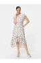 Midi Çiçekli Elbise Şifon Fırfırlı Beli Kuşaklı Asimetrik Kesim V Yaka