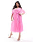 Фото #1 товара ASOS DESIGN Curve exclusive pleated midi dress with kimono sleeve and tie waist in pink