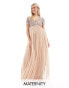 Фото #3 товара Maya Maternity Bridesmaid short sleeve maxi tulle dress with tonal delicate sequins in muted blush