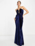 Фото #1 товара ASOS DESIGN front knot plunge v wire velvet maxi dress in midnight blue