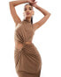 ASOS DESIGN slinky knot detail cut out midi dress in mocha Коричневый, 32 - фото #4