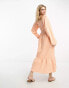 Фото #4 товара Monki long sleeve midi dress with ruffled hem in orange gingham