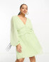 ASOS DESIGN Curve button through ruched waist pleated mini dress in metallic dobby in apple green