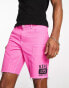 Фото #4 товара ASOS DESIGN tapered fit regular length shorts in bright pink with varsity print - BPINK