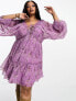 Фото #11 товара ASOS DESIGN Curve lace trim plunge batwing mini dress with pep hem in lilac floral dobby