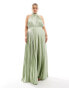 TFNC Plus Bridesmaid satin pleated halter neck maxi dress with full skirt in sage Зеленый, DE 50 - фото #1