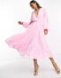 ASOS DESIGN wrap balloon sleeve midi dress with tie waist detail in pink