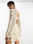 ASOS DESIGN embellished crochet milkmaid mini dress with blouson sleeve in stone