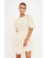 Women's Gridded Mesh Feathered Puff Sleeve Mini Dress