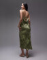 Topshop cowl midi slip dress placement lace in green print