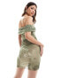 Pull&Bear gathered mesh bardot detail mini dress in blurred green print grün, S - EU 36 - фото #2