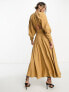 ASOS EDITION pleat shoulder midi dress with cut out back in camel