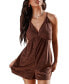 Women's Brown Plunging Wide Leg Jersey Romper