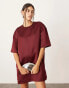 ASOS EDITION satin structured boxy t-shirt mini dress with pockets in burgundy