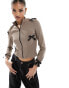 Фото #2 товара Fashionkilla ribbed zip through contrast bow detail jumper in mocha