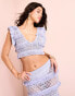 ASOS LUXE co-ord beach crochet ruffle top with pearl embellishment in blue