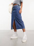 Only denim midi skirt with front split in mid blue