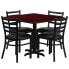 36'' Square Mahogany Laminate Table Set With 4 Ladder Back Metal Chairs - Black Vinyl Seat