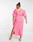 ASOS DESIGN Curve puff sleeve midi dress with asym neck line in hot pink